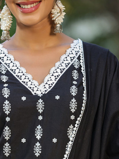 Dhiyona IS Women's Ethnic Motifs Embroidered Straight Pure Cotton Kurta With Trousers & Dupatta
