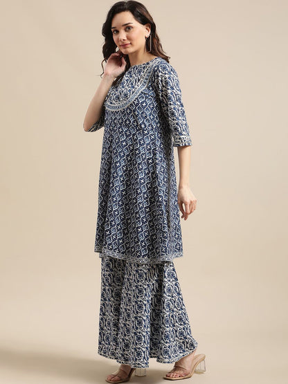 Dhiyona VA Women'sBlue & White Floral Printed Flared Kurta Sharara Set