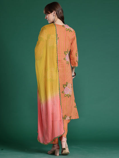 Striped Beads & Stones Pure Cotton Kurta With Trousers & Dupatta