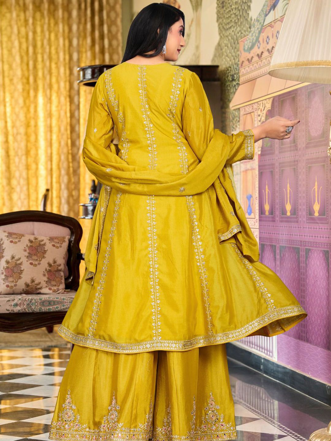 Dhiyona IE Floral Embroidered Mirror Work Round Neck Anarkali Kurta With Palazzos & Dupatta