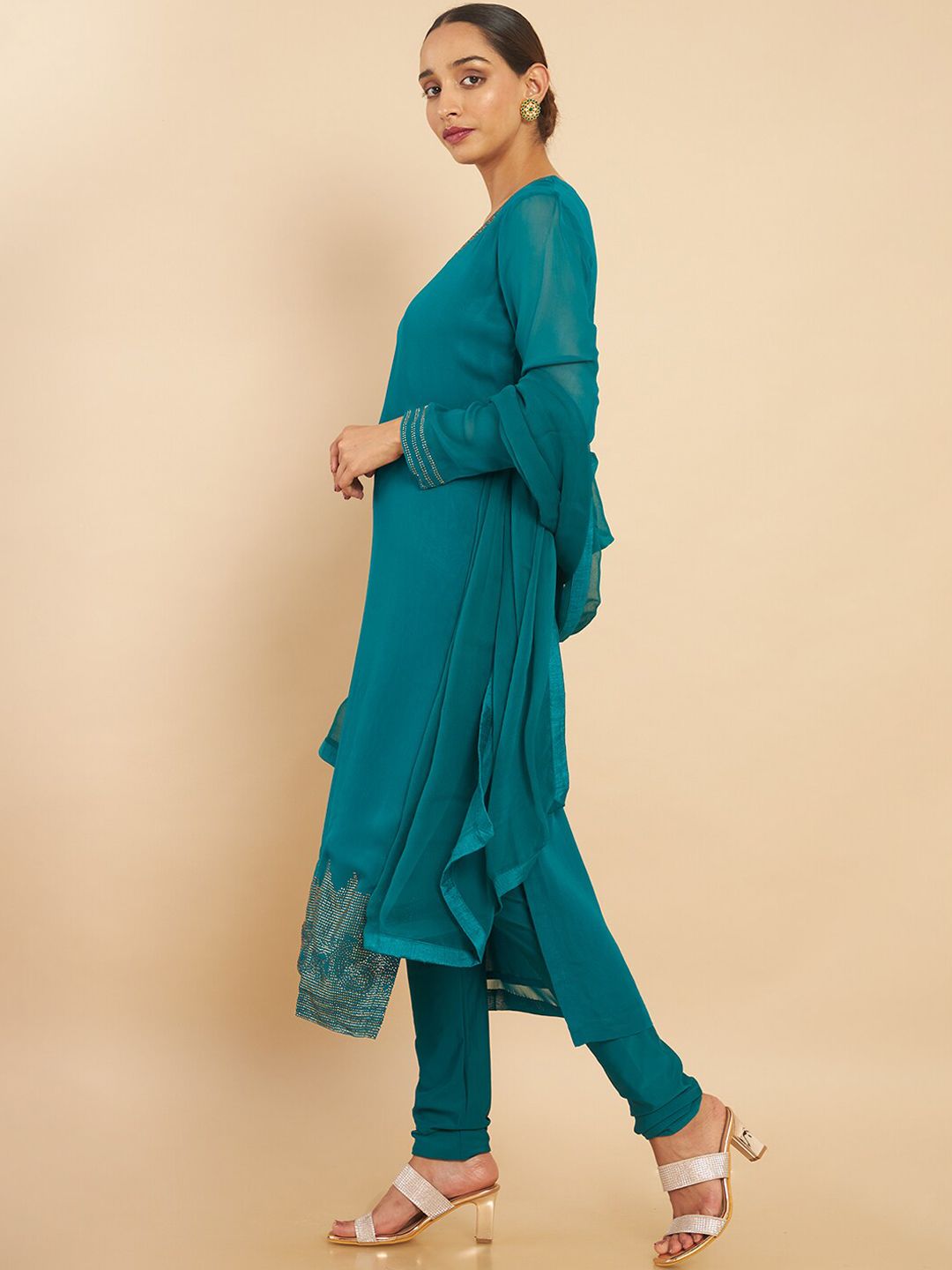 Dhiyona SO Women's Women Teal Solid V-Neck Kurta with Churidar & With Dupatta