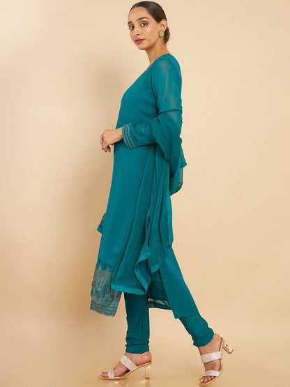 Dhiyona SO Women's Women Teal Solid V-Neck Kurta with Churidar & With Dupatta