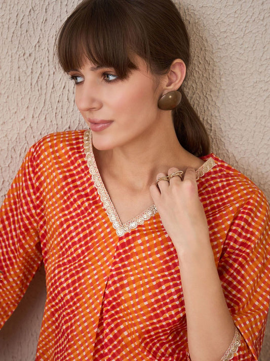 Dhiyona IE Leheriya Printed Pleated V-Neck Sequins Pure Cotton A-Line Kurta