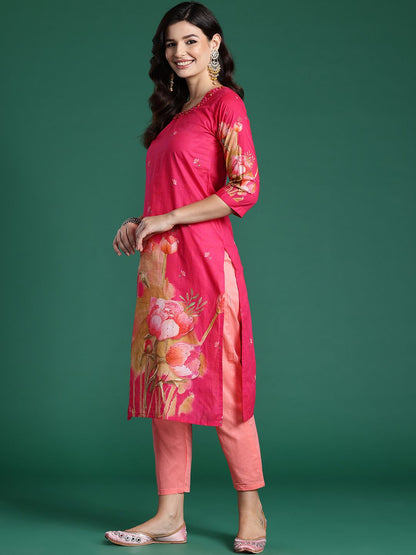 Dhiyona IE Floral Printed Beads & Stones Pure Cotton Kurta With Trousers & Dupatta