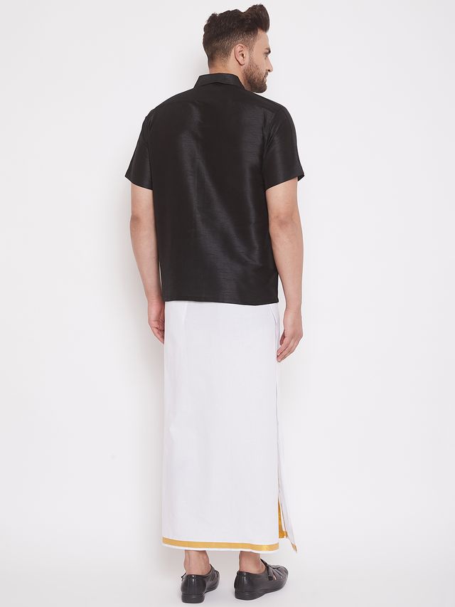 Men's Black Silk Blend Straight Shirt And Mundu