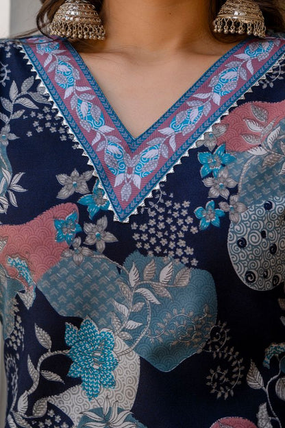 Women Viscose Blue A-Line Kurta And Pant Set With Dupatta