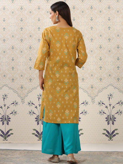 Dhiyona OD  Mustard Yellow & Teal Printed Pure Cotton Kurta with Palazzos