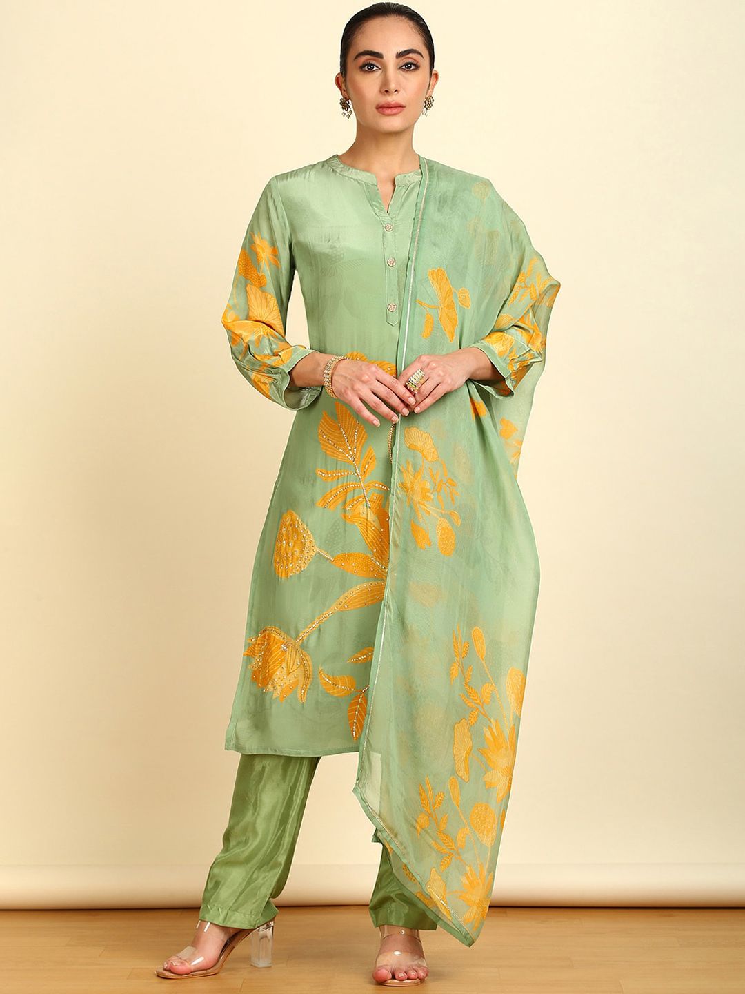 Dhiyona SO Women's Floral Printed Straight Sequinned Kurta With Palazzos & Dupatta