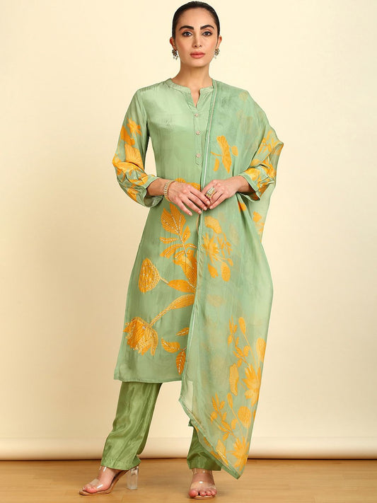 Dhiyona SO Women's Floral Printed Straight Sequinned Kurta With Palazzos & Dupatta