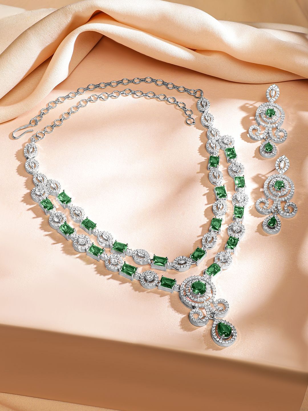 Dhiyona RJ Women's Rhodium-Plated Emerald Green & White Cubic Zirconia Double Layer Luxe Jewellery Set