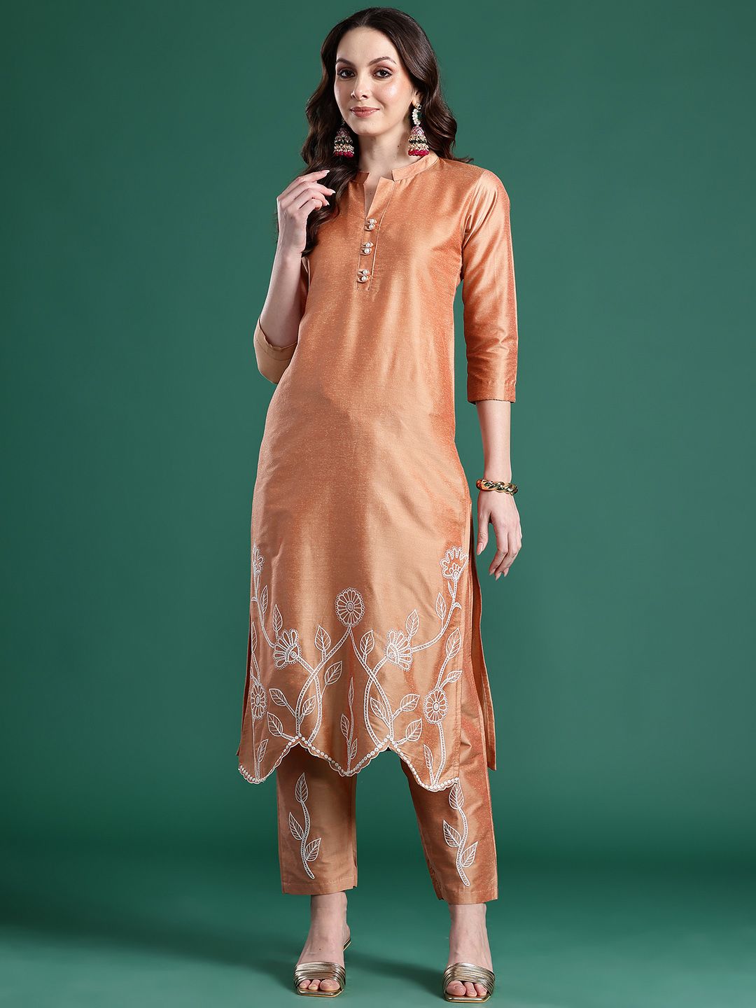 Floral Embroidered Thread Work Pure Cotton Kurta with Trousers