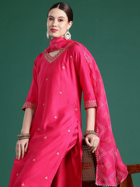 Dhiyona IE Embroidered Zari Liva Kurta With Trousers & Dupatta