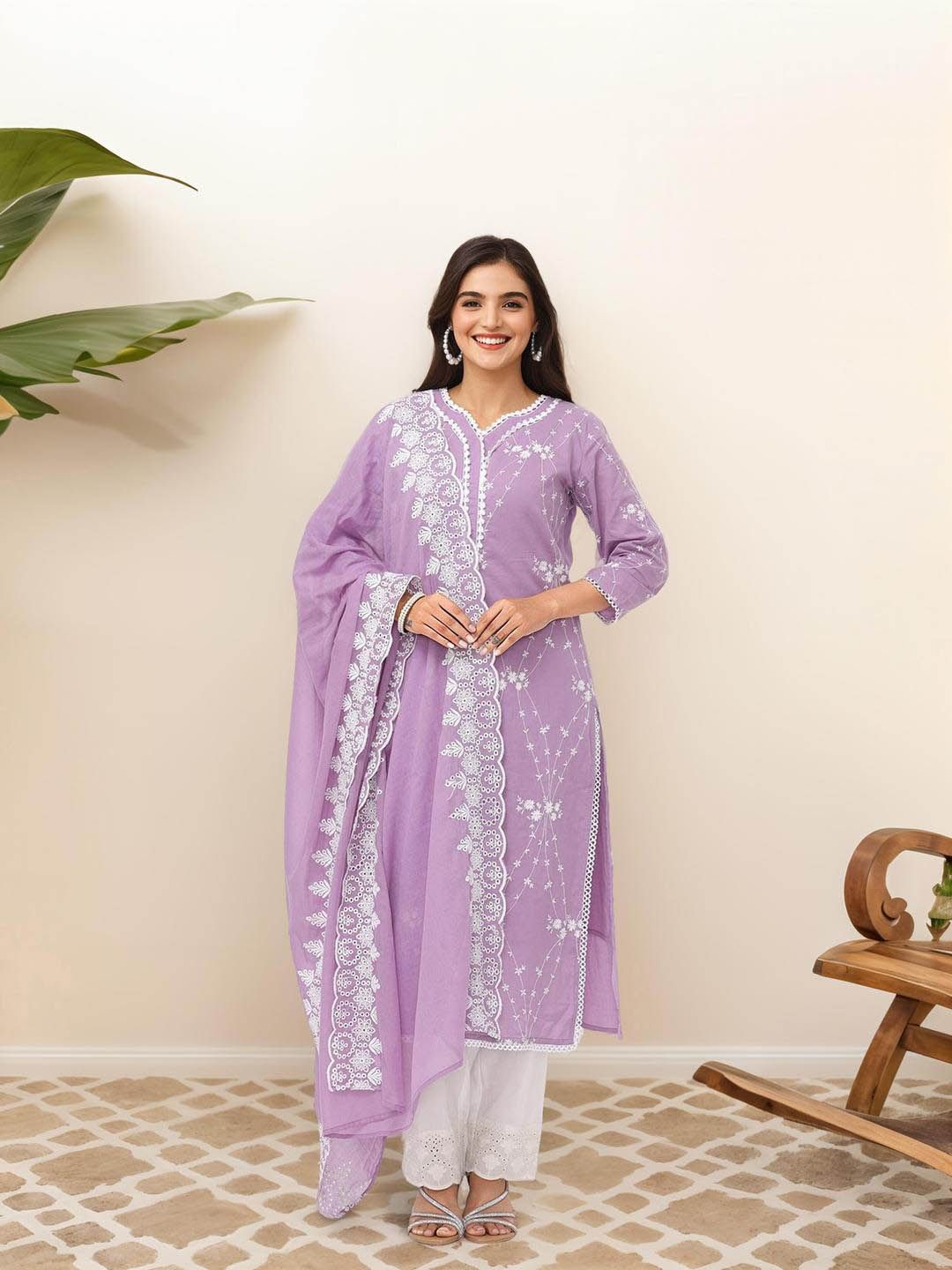 Dhiyona IS Women's Floral Embroidered Pure Cotton Straight Kurta With Trousers & Dupatta