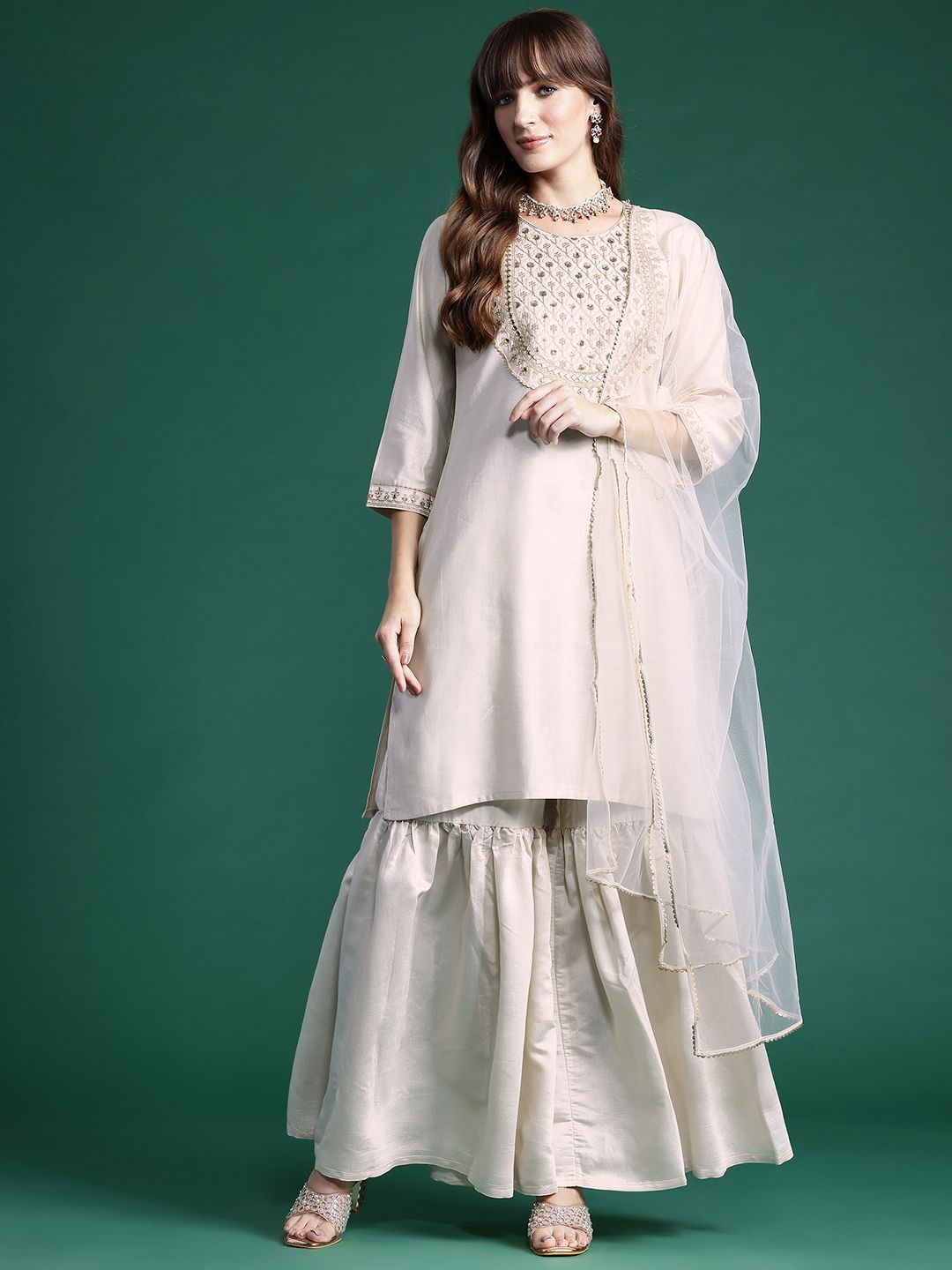 Dhiyona IE Ethnic Motifs Embroidered Gotta Patti Liva Kurta With Sharara & Dupatta
