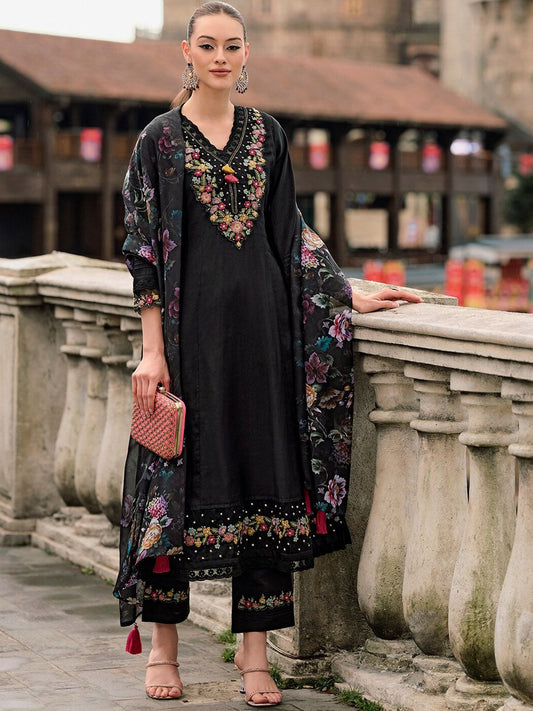 Dhiyona IE Floral Yoke Design Thread Work A-Line Kurta With Trousers & Dupatta