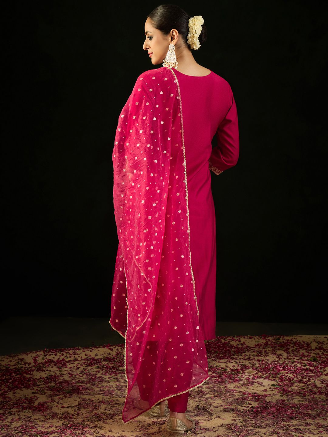 Dhiyona IE Notched Neck Ethnic Motifs Embroidered Liva Kurta with Trouser & Dupatta