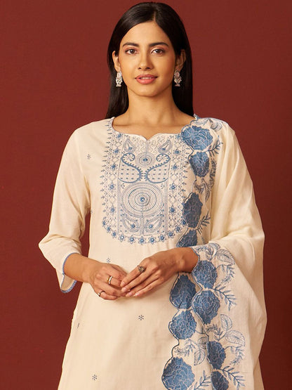 Dhiyona IE Paisley Embroidered Thread Work Pure Cotton Kurta With Trousers And Dupatta