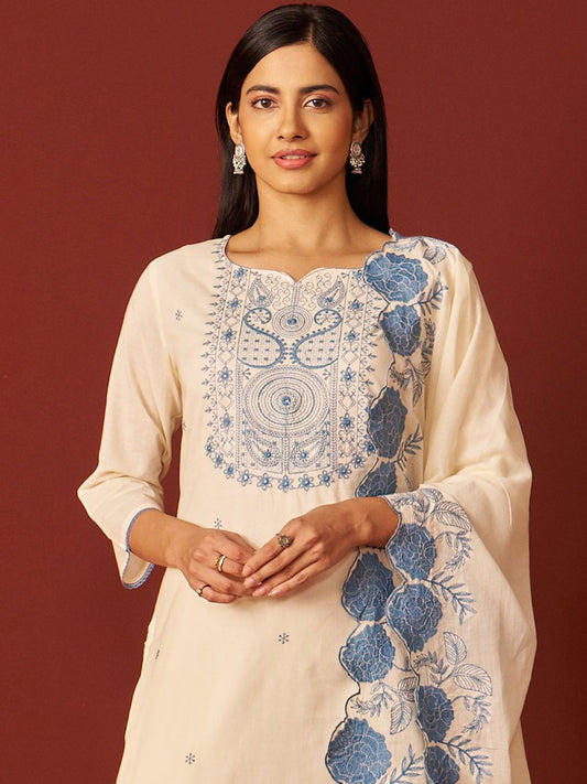 Dhiyona IE Paisley Embroidered Thread Work Pure Cotton Kurta With Trousers And Dupatta