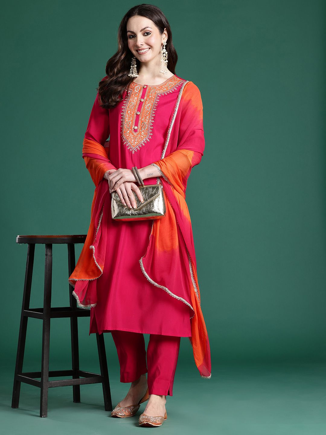 Dhiyona IE Ethnic Motifs Embroidered Zari Kurta with Trousers & With Dupatta