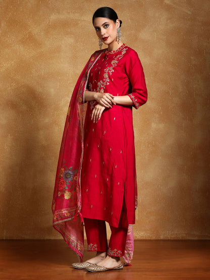 Dhiyona VA Women'sFloral Embroidered Mandarin Collar A-Line Kurta With Trousers & Dupatta