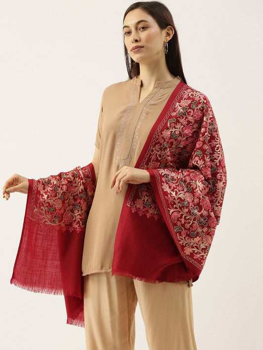 Dhiyona PA Women Maroon Nalki Hand Embroidered Woolmark Certified Pure Wool Shawl