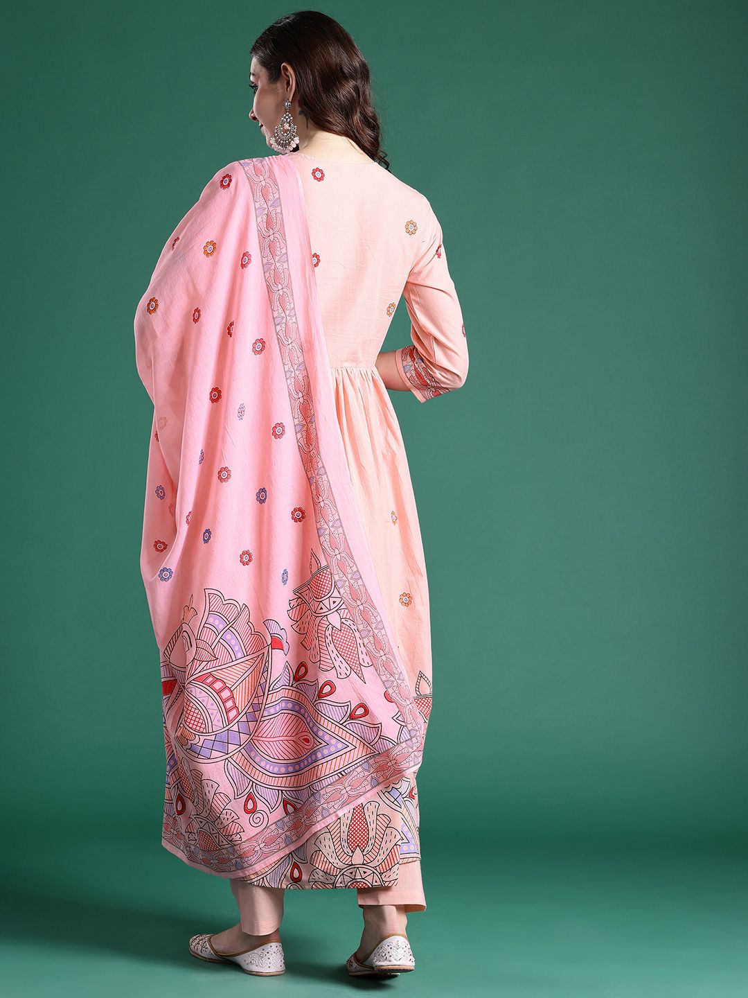 Floral Printed Pleated Sequinned Pure Cotton Kurta with Trousers & With Dupatta