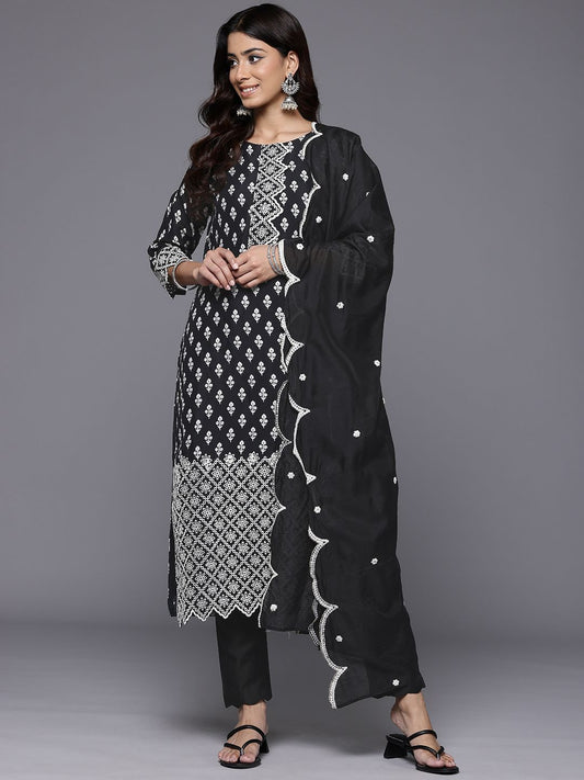 Dhiyona VA Women'sFloral Printed Thread Work Pure Silk Kurta With Trousers & Dupatta