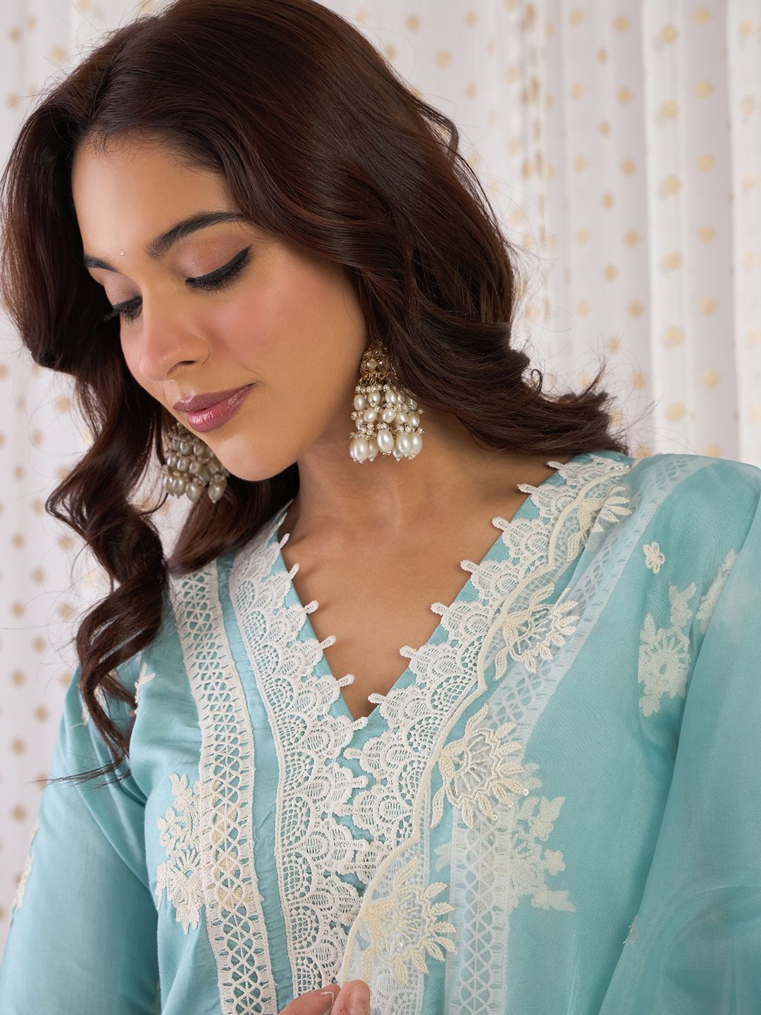 Floral Embroidered V-Neck Sequinned Straight Kurta With Trousers & Dupatta