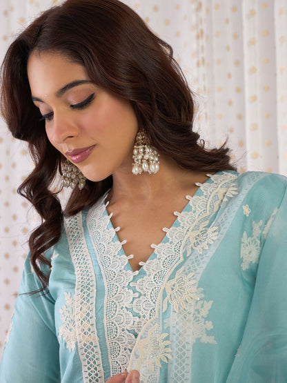 Floral Embroidered V-Neck Sequinned Straight Kurta With Trousers & Dupatta