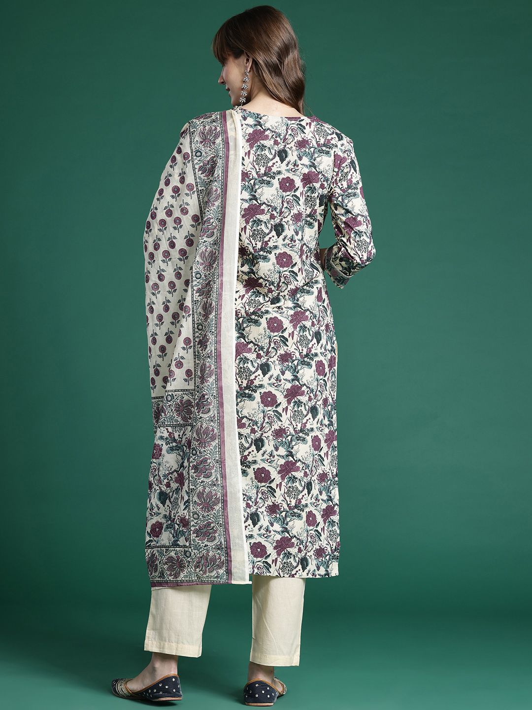 Dhiyona IE Floral Printed Regular Pure Cotton Kurta with Trousers & Dupatta