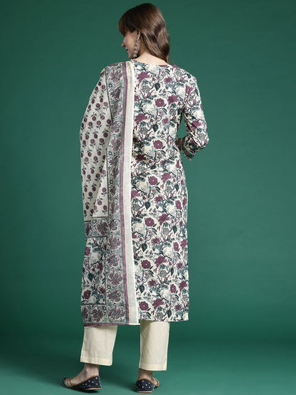 Dhiyona IE Floral Printed Regular Pure Cotton Kurta with Trousers & Dupatta