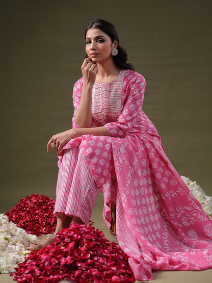 Dhiyona IE Pink Floral Printed Straight Pure Cotton Kurta With Trousers & Dupatta