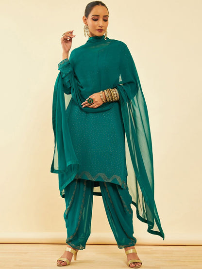 Dhiyona SO Women's Embroidered V-Neck Long Sleeves Beads and Stones Kurta Set