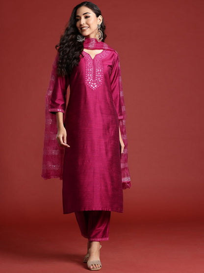Yoke Design Mirror Work Kurta With Trousers & Dupatta