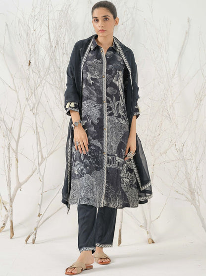 Dhiyona IS Women's Floral Printed Shirt Collar Straight Kurta with Trousers & Dupatta