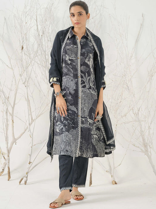 Dhiyona IS Women's Floral Printed Shirt Collar Straight Kurta with Trousers & Dupatta
