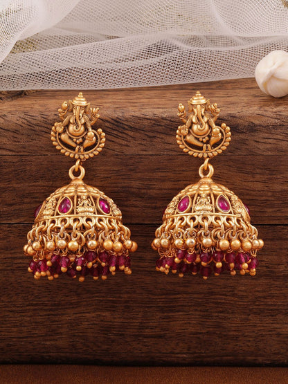 Dhiyona RJ Women's 18K Gold-Plated Ruby Stone & Beaded Divine Ganesha Temple Jhumka Earrings