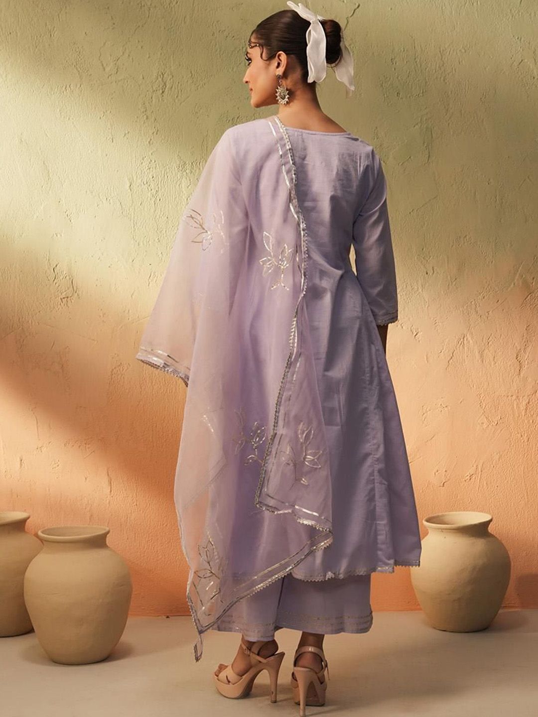 Dhiyona IS Women's Striped Embroidered Gotta Patti Pure Cotton A-Line Kurta With Trousers And Dupatta