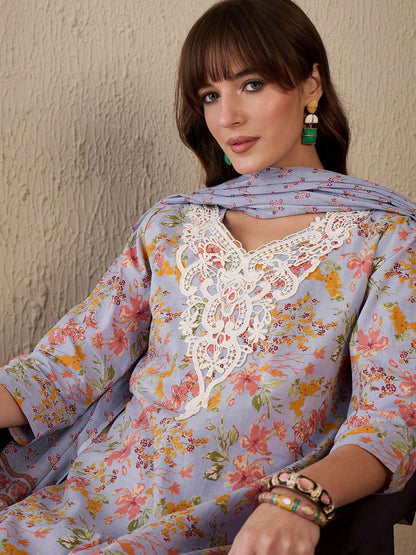 Dhiyona IE Women Floral Printed Regular Thread Work Pure Cotton Kurta with Salwar & With Dupatta