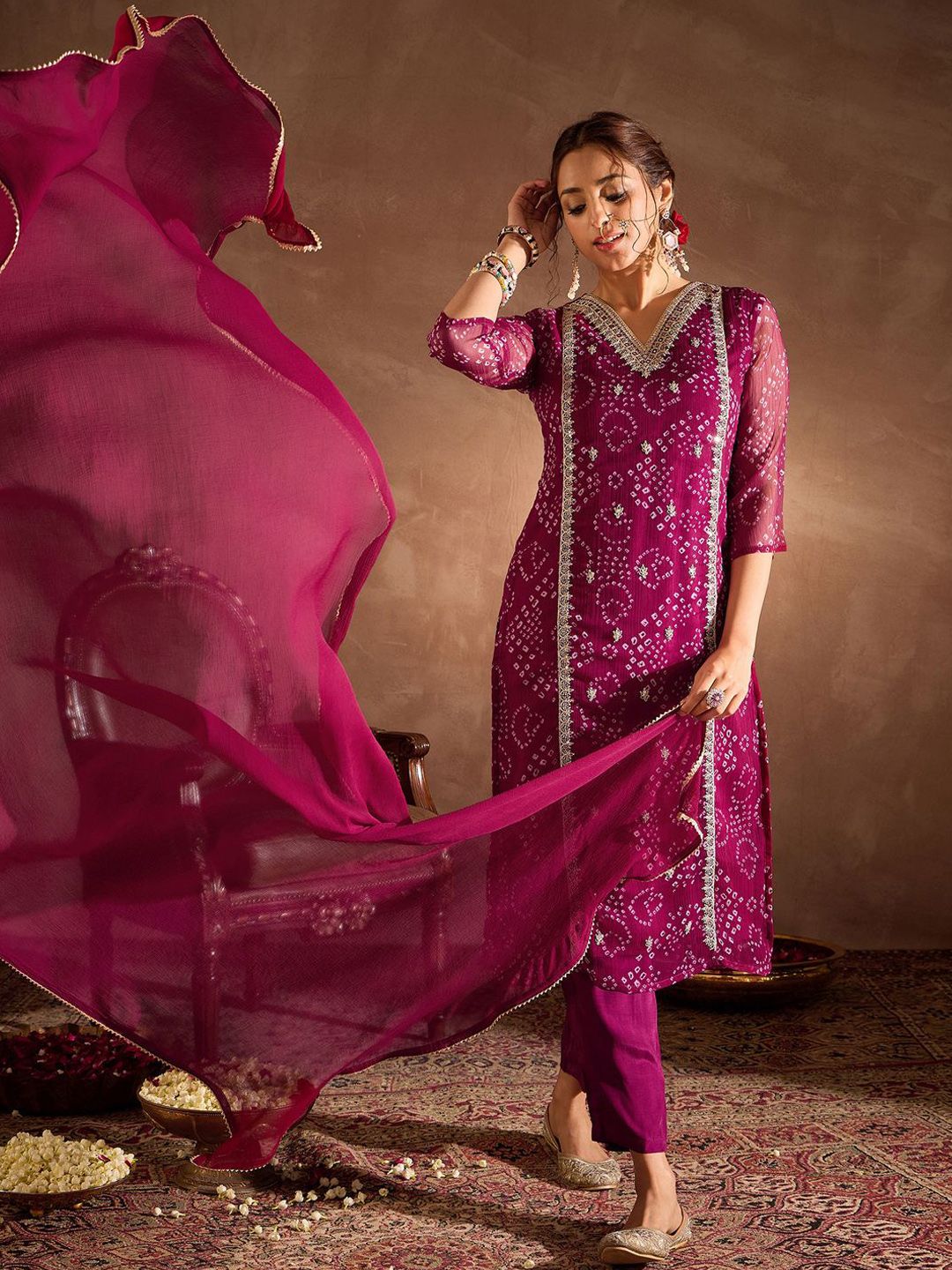 Bandhani Printed V-Neck Zari Silk Chiffon Straight Kurta With Trousers & Dupatta