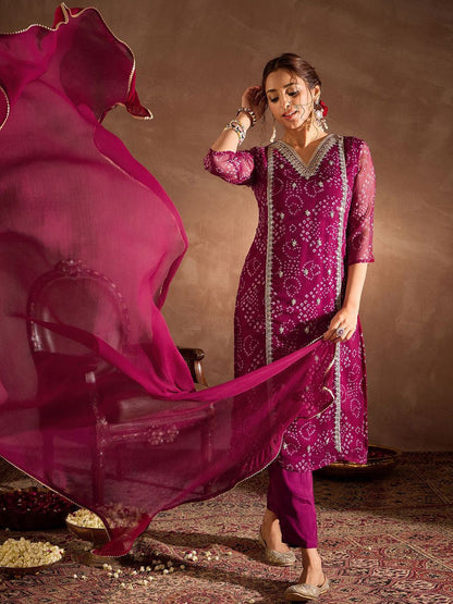 Bandhani Printed V-Neck Zari Silk Chiffon Straight Kurta With Trousers & Dupatta