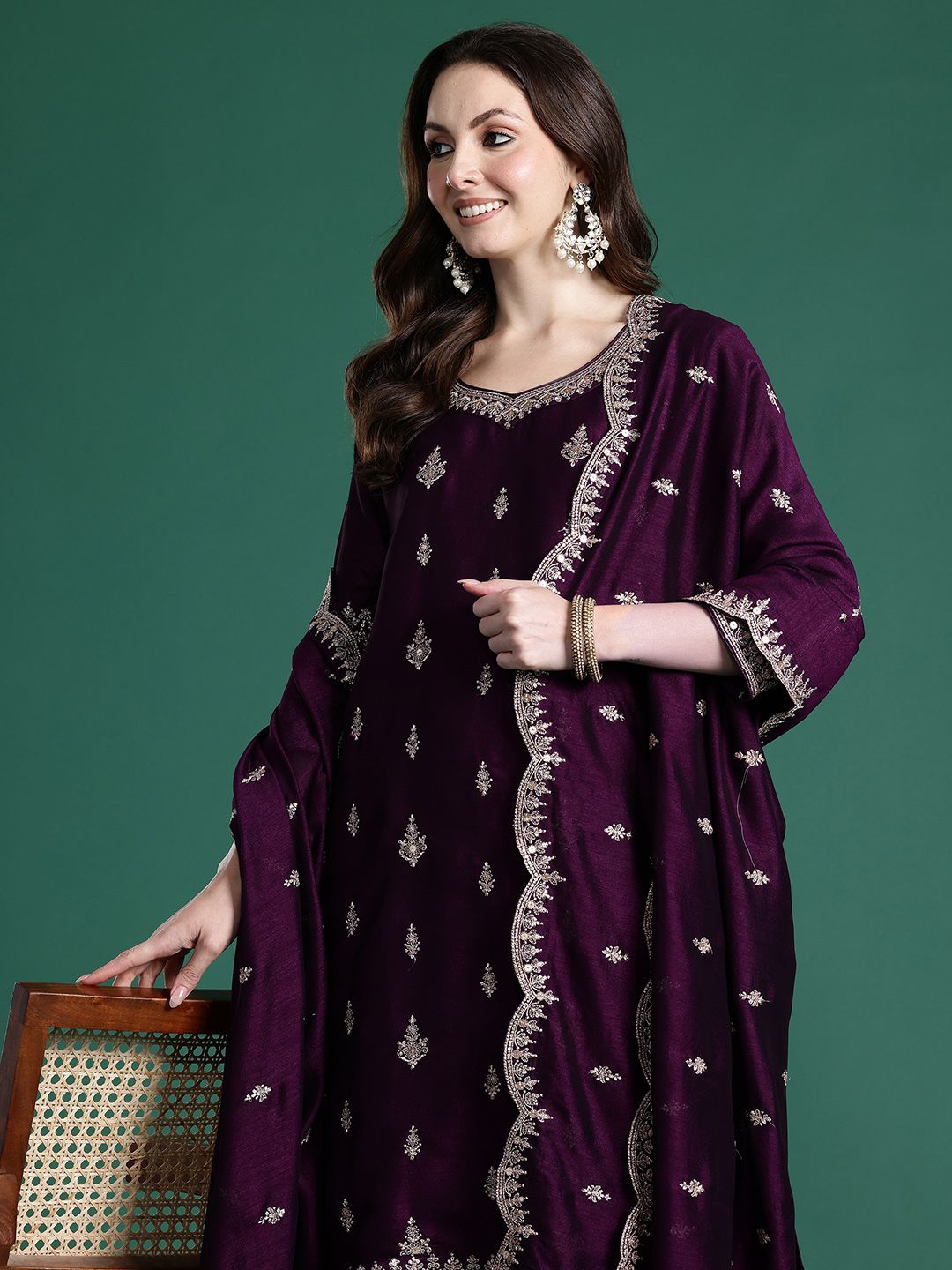 Dhiyona IE Ethnic Motifs Embroidered Sequinned Kurta with Trousers & With Dupatta