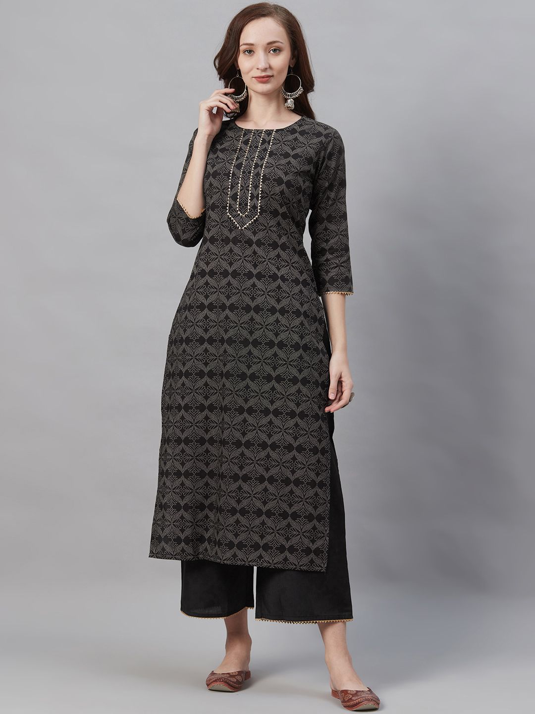 Dhiyona IE Women Black & Grey Printed Kurta with Palazzos