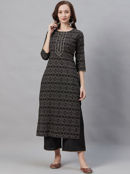 Women Black & Grey Printed Kurta with Palazzos
