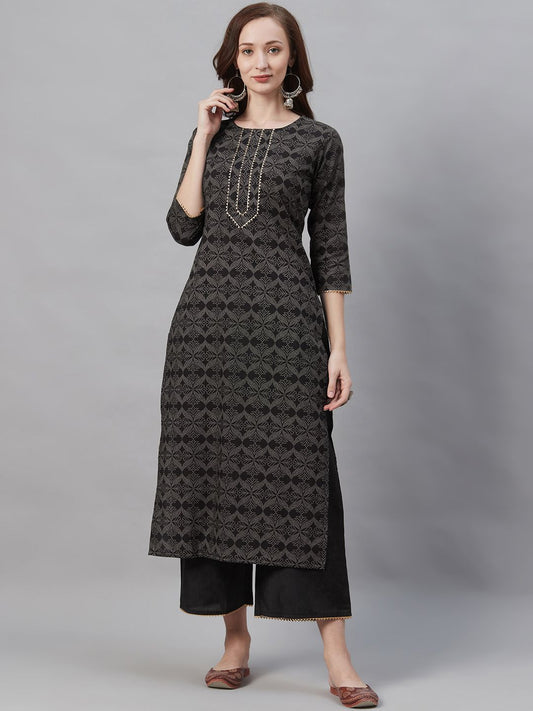 Women Black & Grey Printed Kurta with Palazzos
