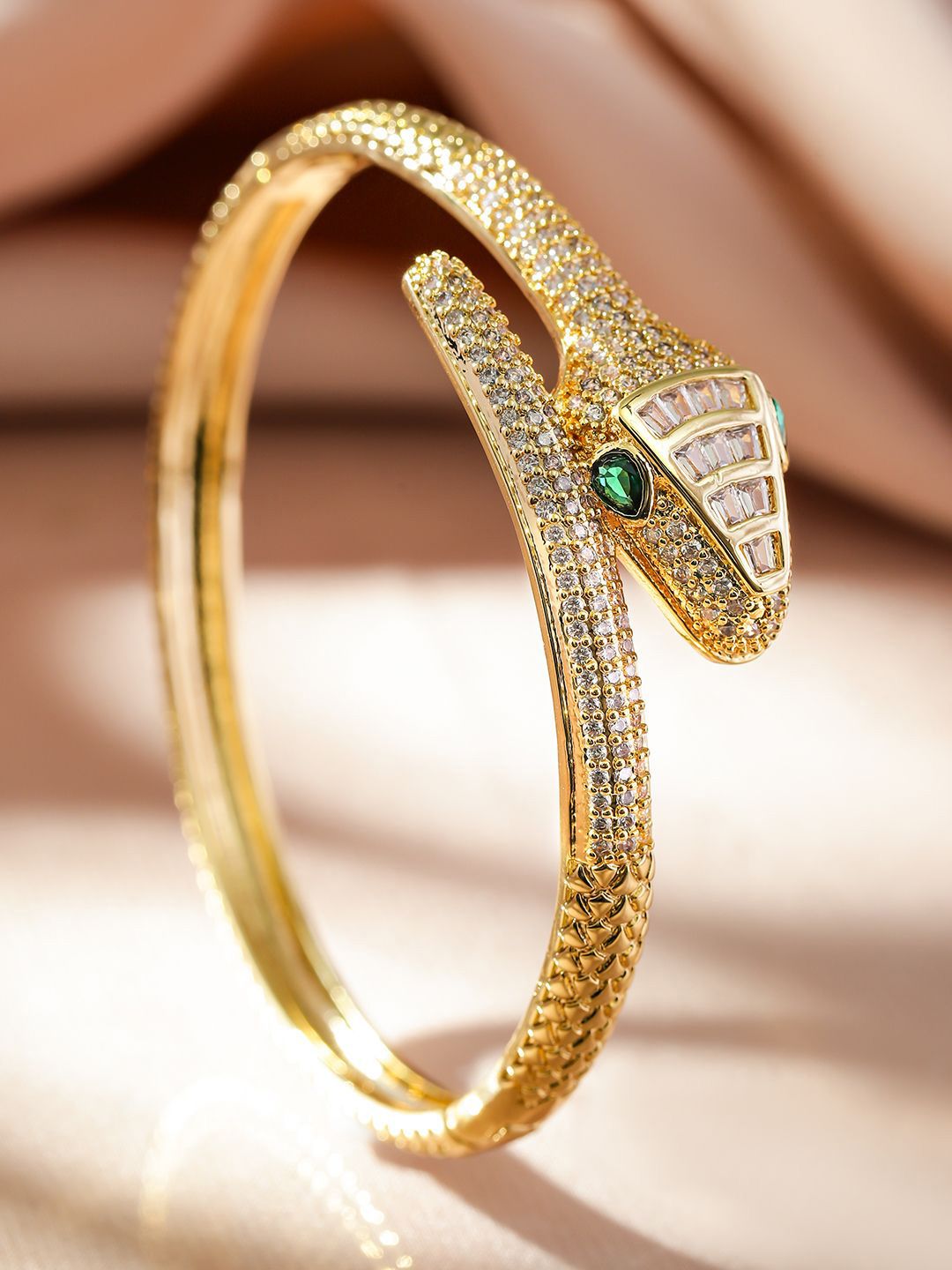 Dhiyona RJ Women's 22K Gold Plated Emerald & Cubic Zirconia Snake Design Demi Fine Openable Bracelet