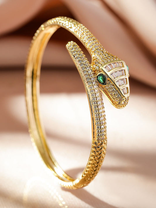 Dhiyona RJ Women's 22K Gold Plated Emerald & Cubic Zirconia Snake Design Demi Fine Openable Bracelet