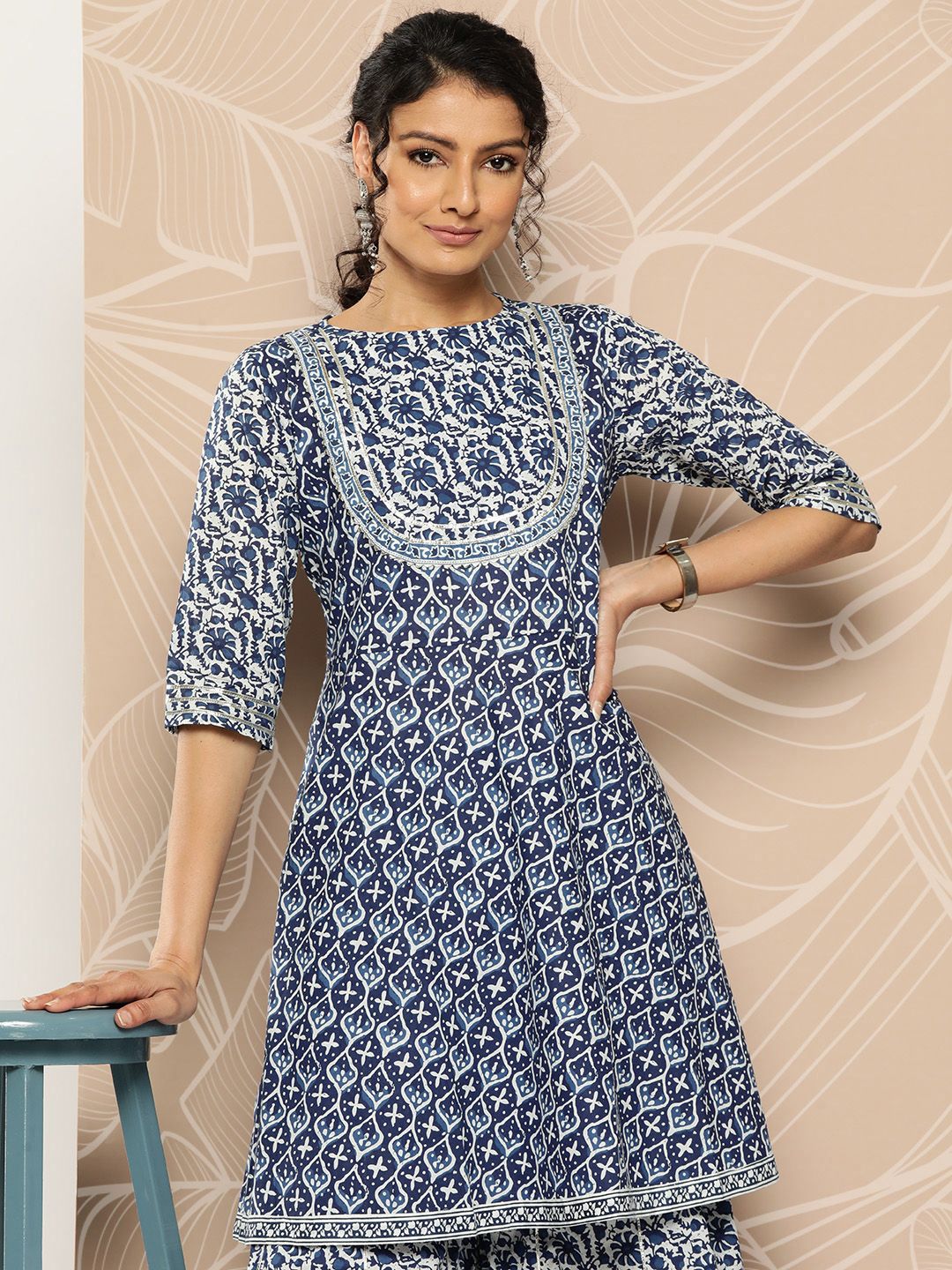 Dhiyona VA Women'sEthnic Motifs Printed Pleated Gotta Patti Pure Cotton Kurti With Sharara