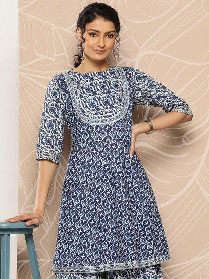 Dhiyona VA Women'sEthnic Motifs Printed Pleated Gotta Patti Pure Cotton Kurti With Sharara