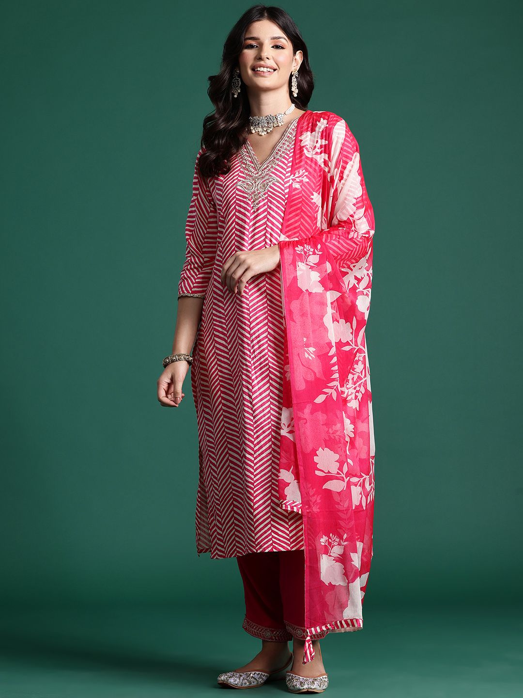 Chevron Printed Zari Pure Cotton Kurta with Trousers & With Dupatta
